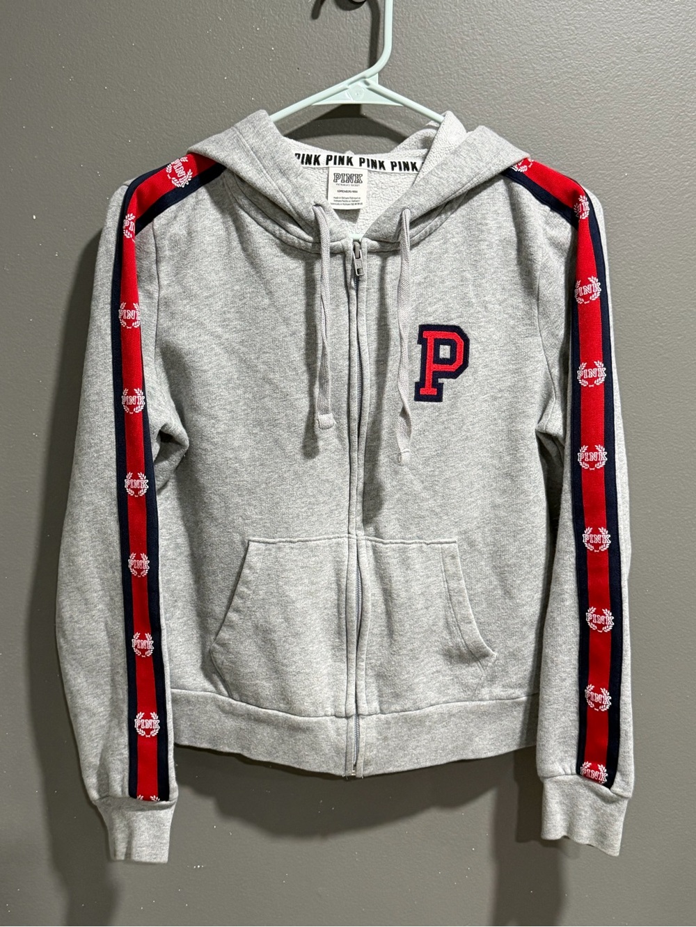 Victoria’s Secret PINK Gray Full Zip Hoodie Red Sleeve Tape Women’s Size SMALL S